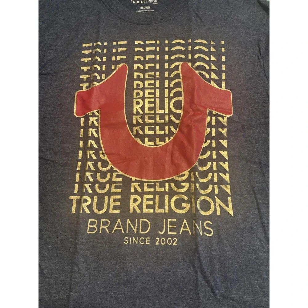 True Religion T-Shirt Men Medium Charcoal Grey Red Horseshoe Logo Graphic Cotton